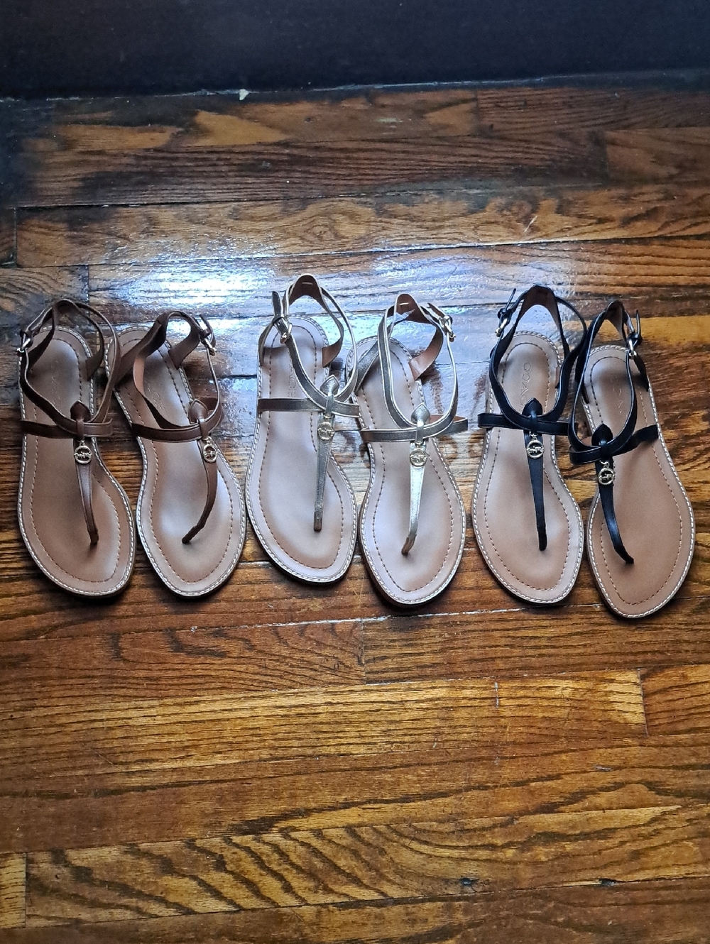 NWOT-Three Coach Leather T-Strap Sandals in Brown, Gold and Black